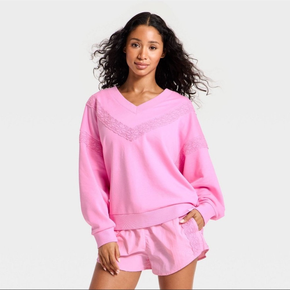 Women's Crochet Trim V-Neck Sweatshirt - JoyLab™ Pink L